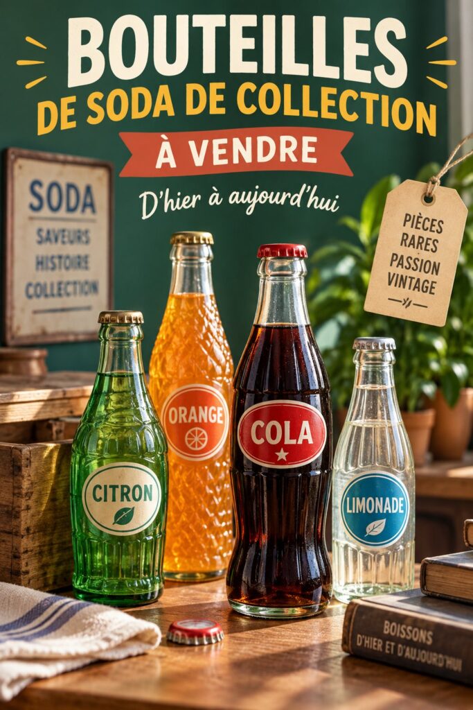 Collection de bouteilles de soda vintage sur une étagère, mettant en avant leur diversité et leur charme.