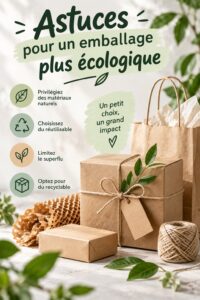 Emballage éco-responsable avec des matériaux recyclés et décorations naturelles.