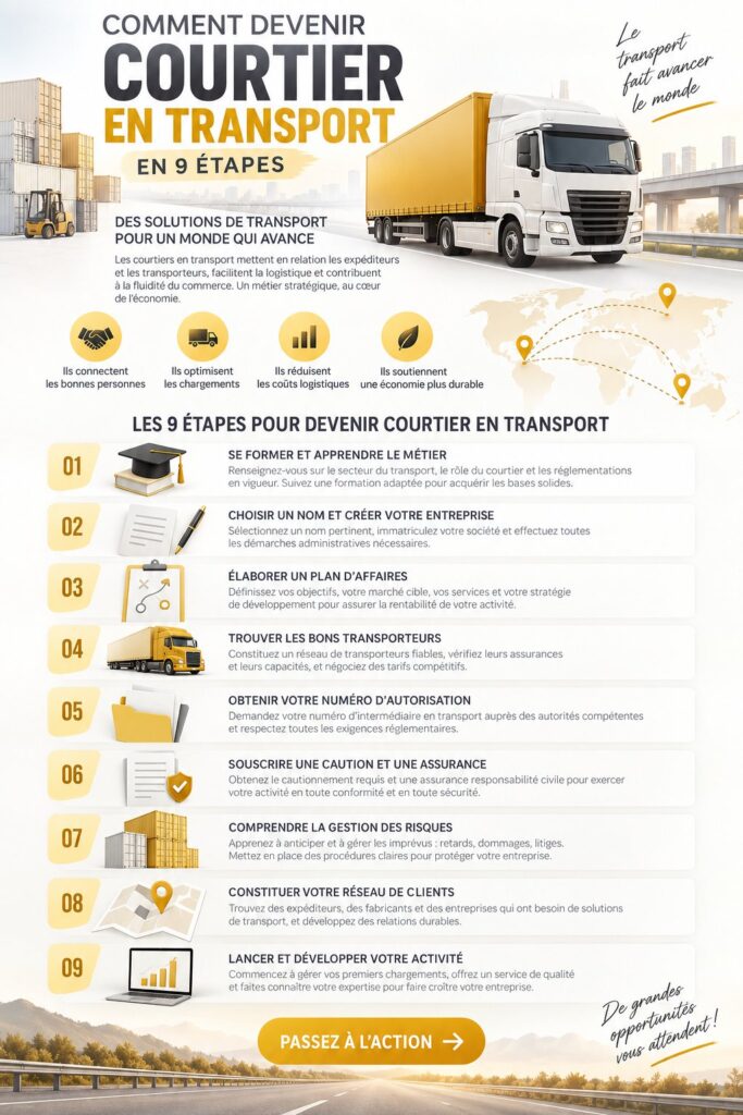 Image décrivant le métier de courtier en fret, avec des éléments symboliques de la logistique.