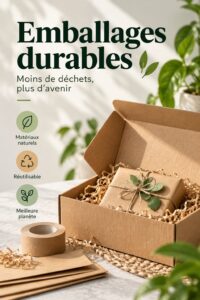 Des exemples d'emballages durables en carton recyclé sur une surface en bois.