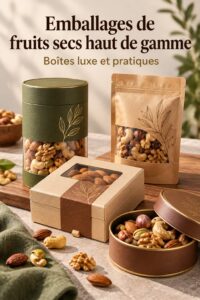 Boîtes élégantes contenant des fruits secs variés - illustration d'un emballage sophistiqué.