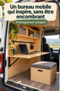 Espace de travail mobile aménagé avec goût, mettant en avant confort et praticité.