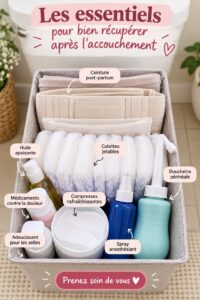 Femme heureuse tenant des essentiels pour le post-partum dans un cadre chaleureux