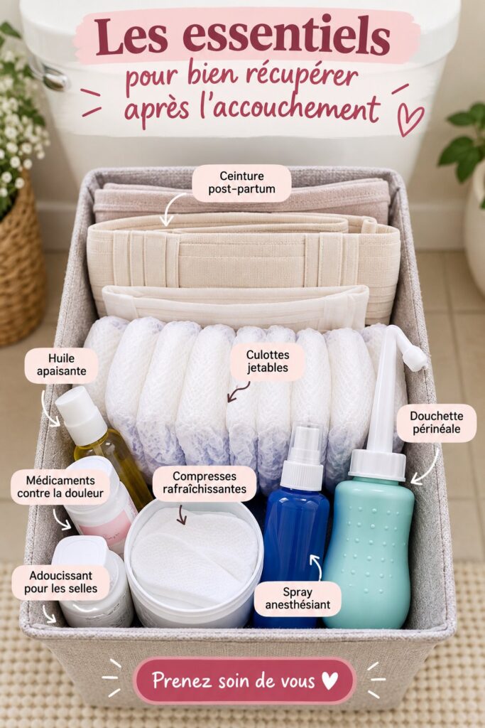 Femme heureuse tenant des essentiels pour le post-partum dans un cadre chaleureux