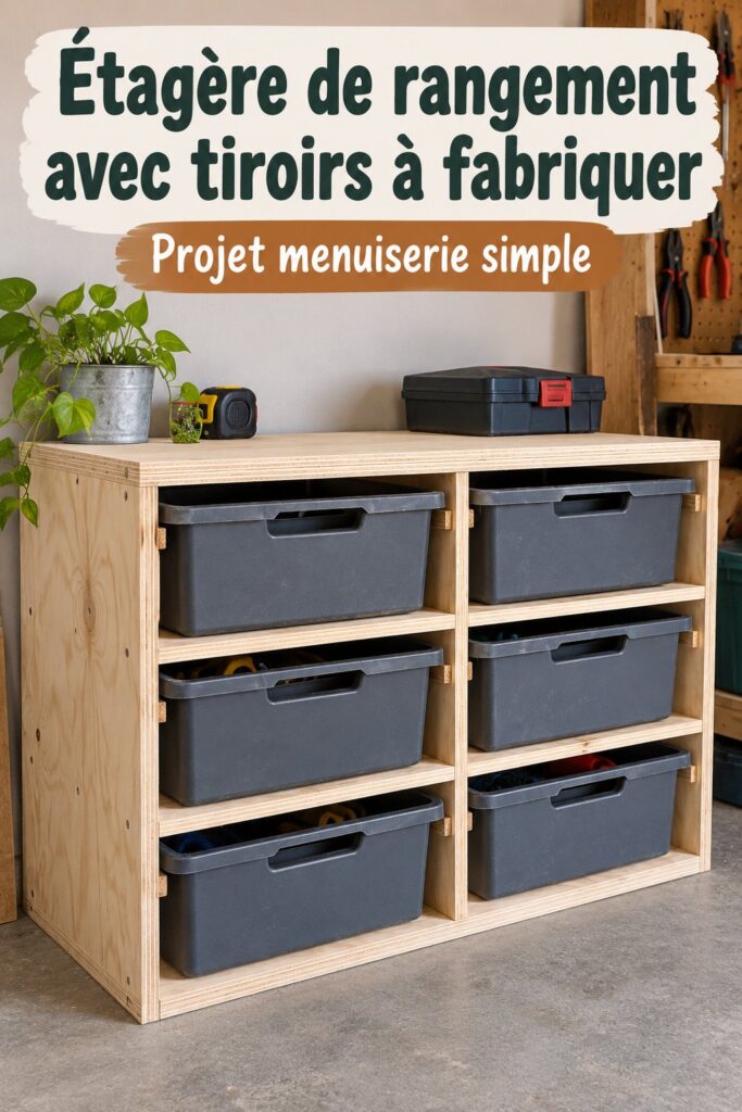 Etagère cargo en bois artisanale avec tiroirs pratiques dans une salle de séjour