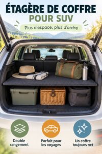 Etagère de coffre SUV bien organisée avec divers objets de voyage.