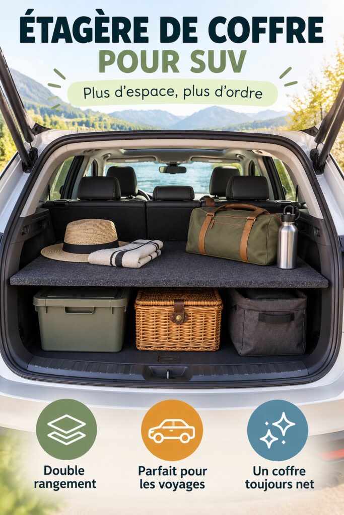 Etagère de coffre SUV bien organisée avec divers objets de voyage.