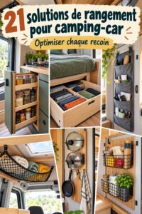 Idées de rangement pratiques pour un camping-car avec matériel de rangement organisé.