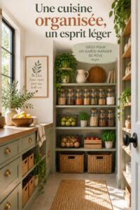 Un garde-manger moderne et organisé, rempli de bocaux avec des étiquettes.