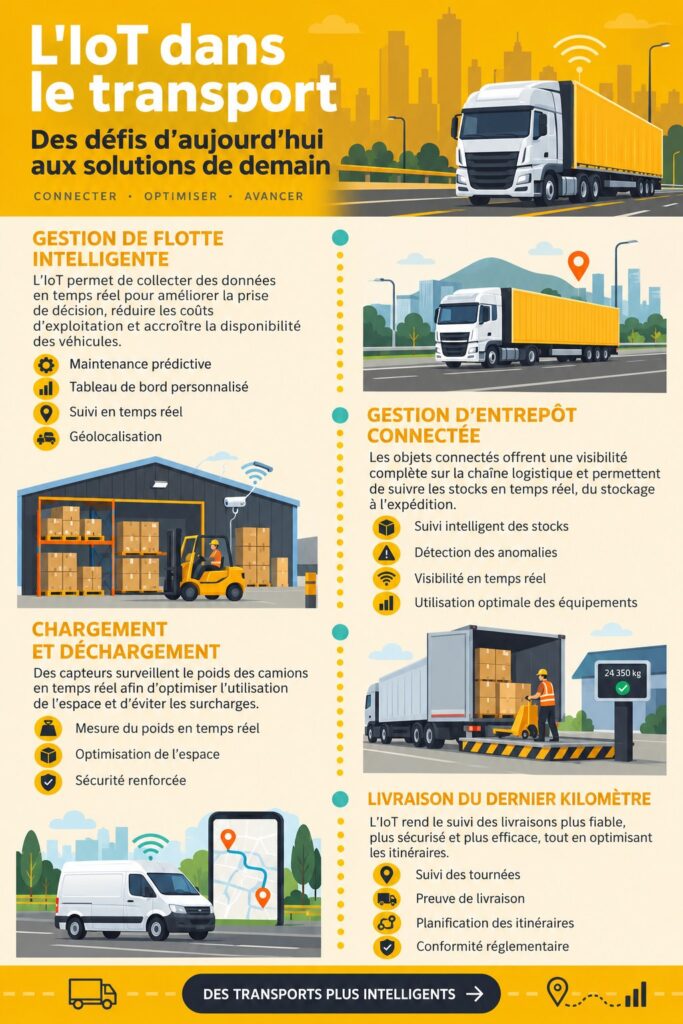 Schéma illustrant l'IoT dans le secteur du transport et de la logistique.
