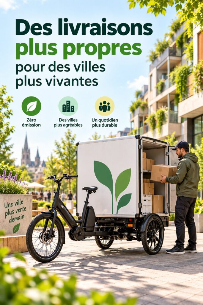 Image d'un véhicule Velove effectuant une livraison urbaine durable en milieu citadin.