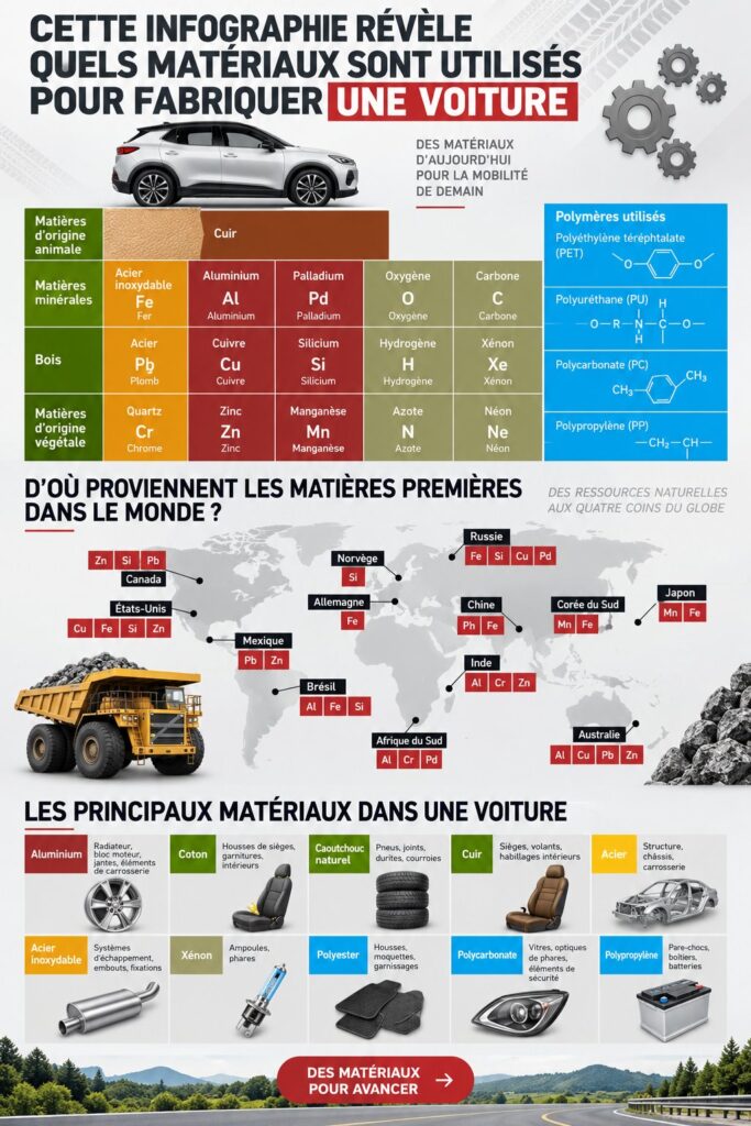 Parc de voitures illustrant la diversité des matériaux utilisés dans leur construction, des designs modernes en métal et plastique.