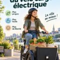 Femme utilisant un vélo cargo électrique pour transporter des courses