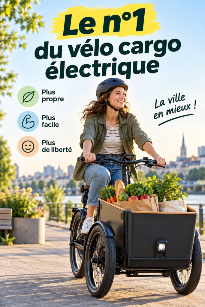 Femme utilisant un vélo cargo électrique pour transporter des courses