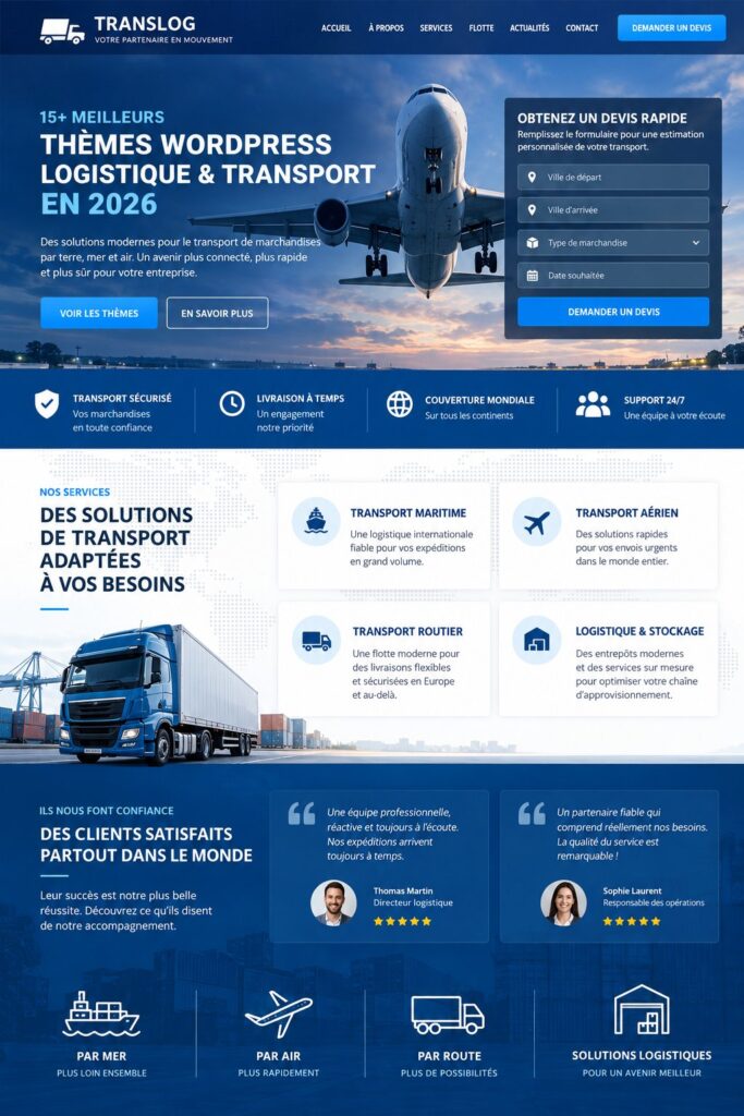 Écran montrant différents thèmes WordPress pour le secteur logistique