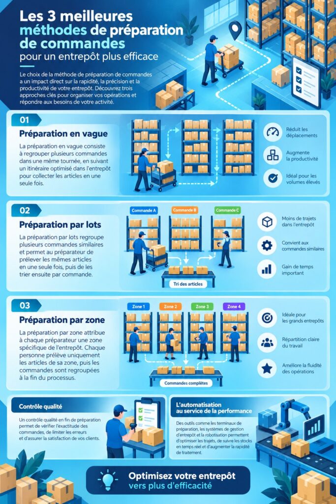 Un entrepôt bien organisé utilisant une méthode efficace de préparation de commandes.