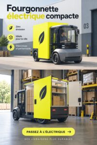 Minivan électrique compact garé dans un cadre urbain, prêt pour des trajets quotidiens.