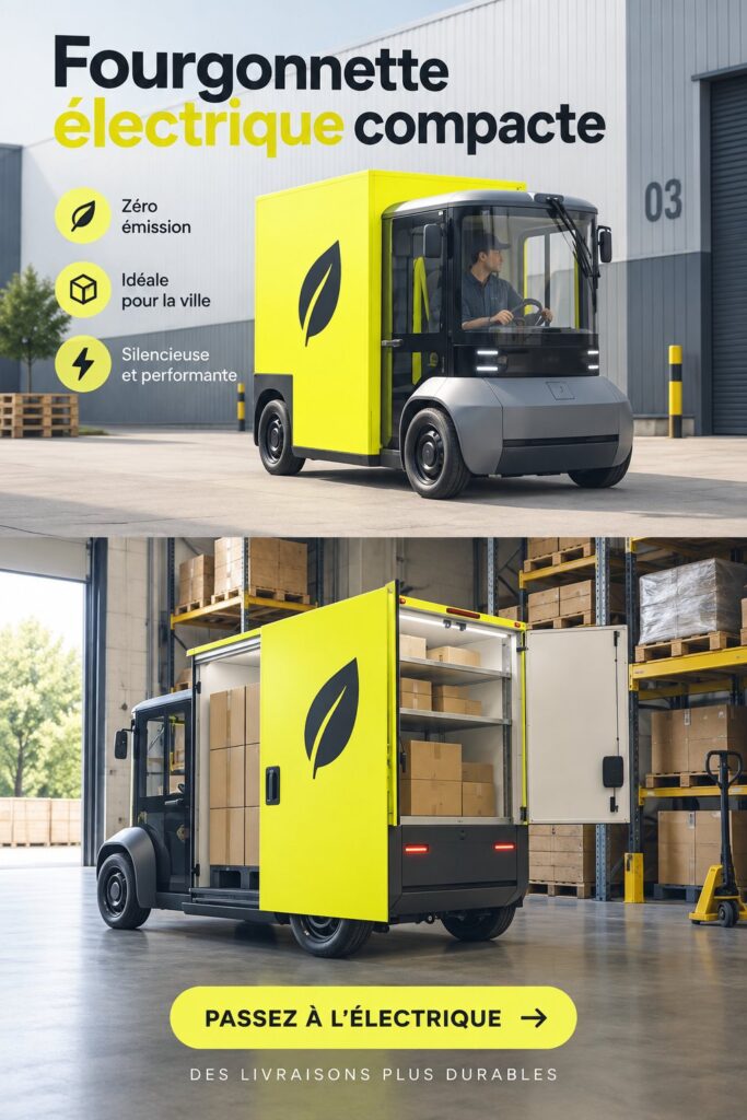 Minivan électrique compact garé dans un cadre urbain, prêt pour des trajets quotidiens.