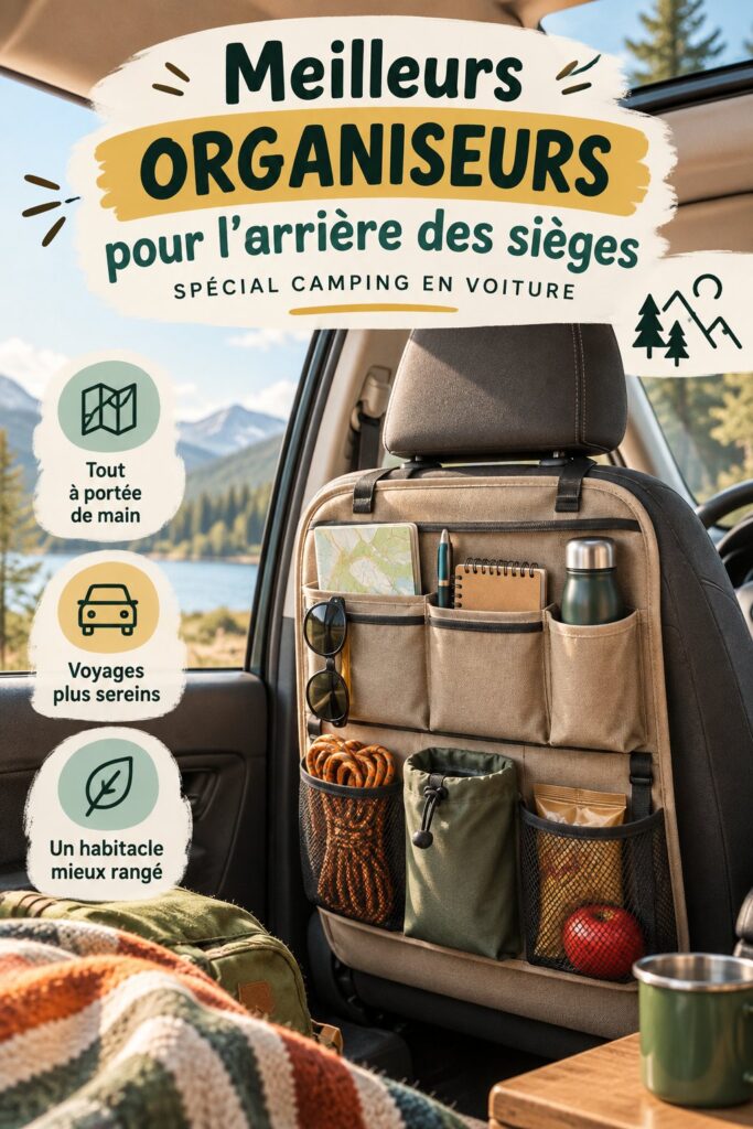 Organisateur de voiture avec compartiments pour le camping, prêt à accueillir tout le nécessaire pour un voyage en plein air.