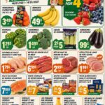 Un panier plein de produits avec des étiquettes de promotions hebdomadaires.