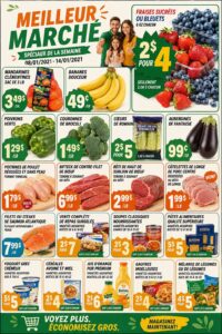 Un panier plein de produits avec des étiquettes de promotions hebdomadaires.