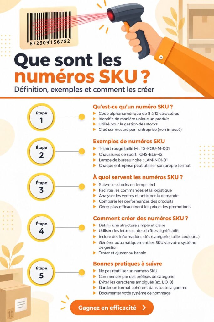 Image d'un système de gestion de stocks avec des numéros SKU affichés.