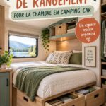 Chambre de camping-car bien organisée avec solutions de rangement pratiques.