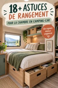 Chambre de camping-car bien organisée avec solutions de rangement pratiques.