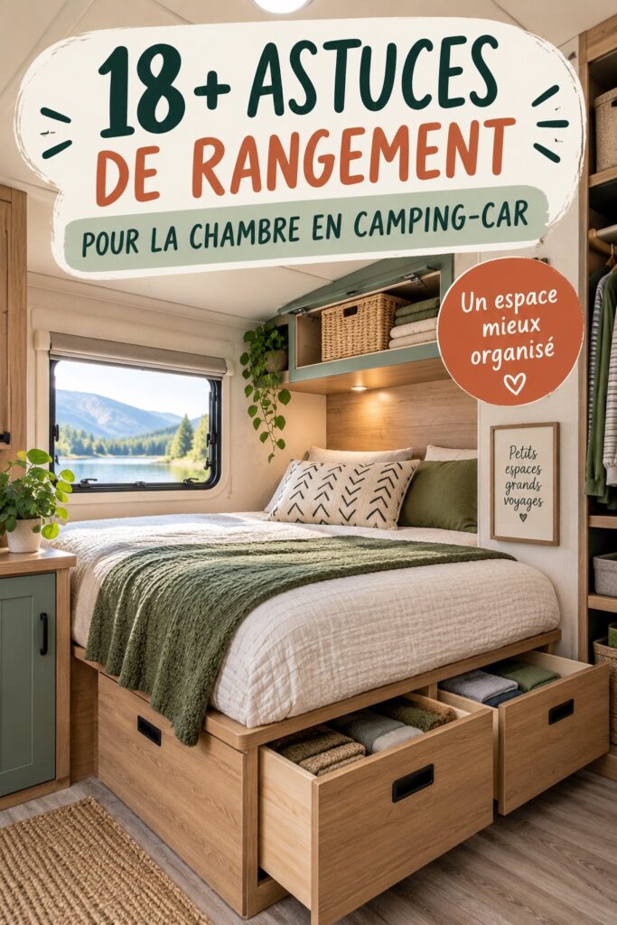 Chambre de camping-car bien organisée avec solutions de rangement pratiques.