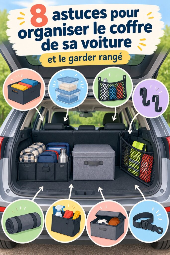 Coffre de voiture bien rangé et organisé avec des boîtes de rangement.