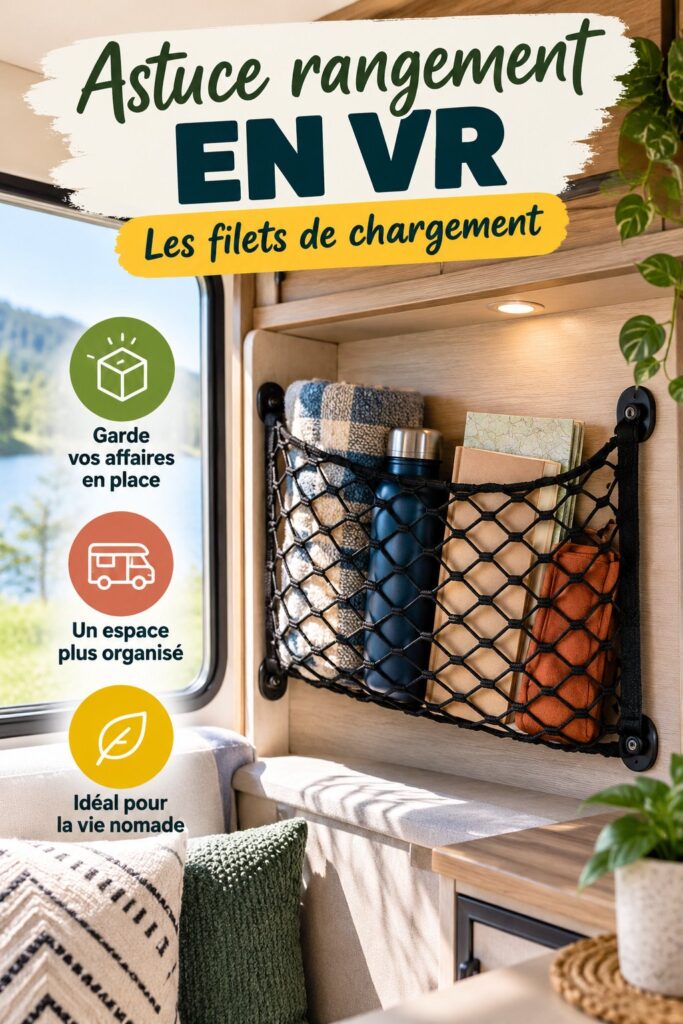 Un véhicule avec un filet de cargo bien installé contenant divers objets