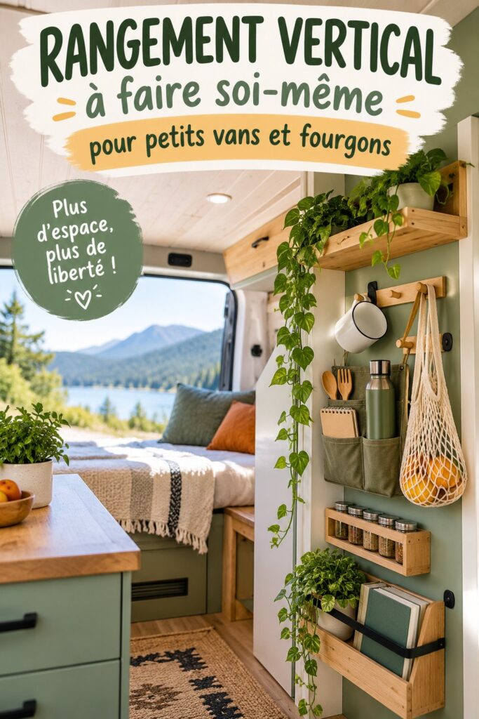 Intérieur d'un petit camping-car avec rangement vertical optimisé