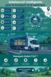 Vue d'un système de transport logistique intelligent en action, représentant l'optimisation des livraisons.