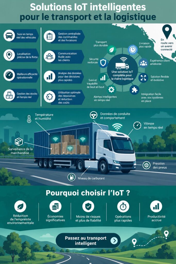 Vue d'un système de transport logistique intelligent en action, représentant l'optimisation des livraisons.