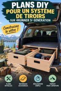 Système de tiroirs en bois construit dans un 4Runner, organisé et pratique.