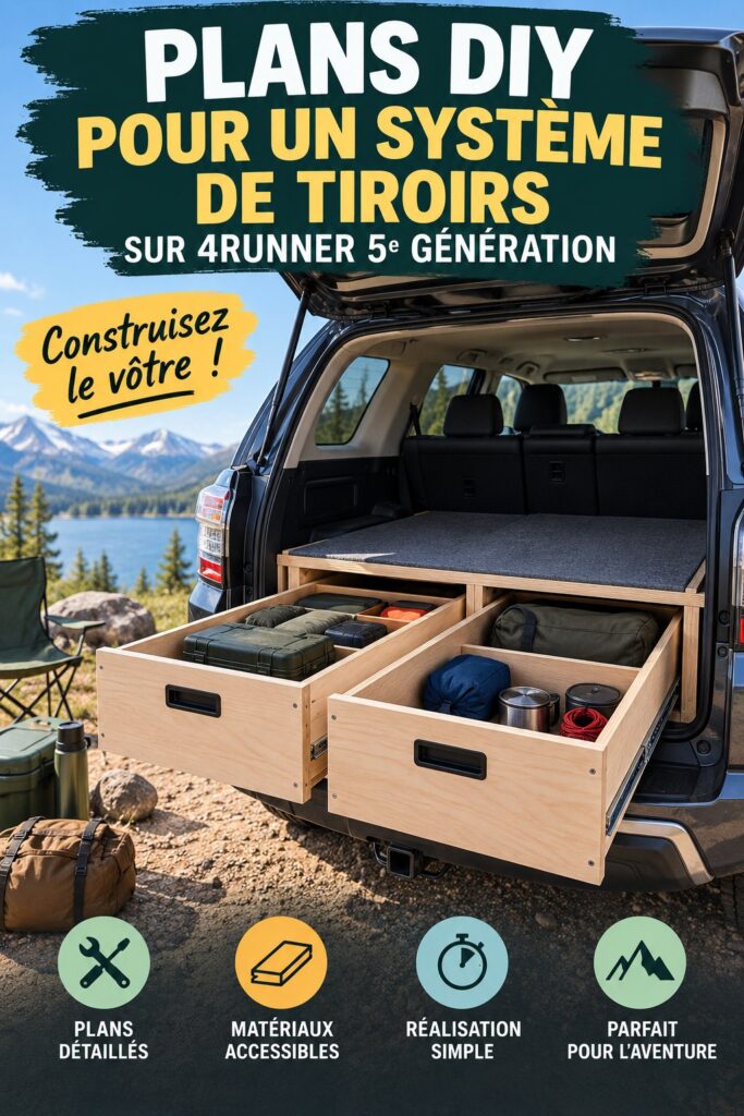 Système de tiroirs en bois construit dans un 4Runner, organisé et pratique.