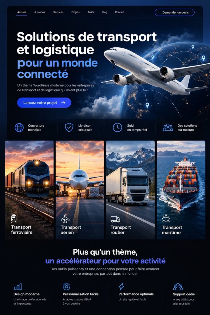 Capture d'écran du thème WordPress Shiftler utilisé pour la logistique