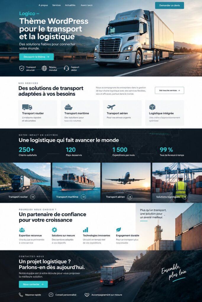 Capture d'écran d'un thème WordPress moderne pour la logistique.