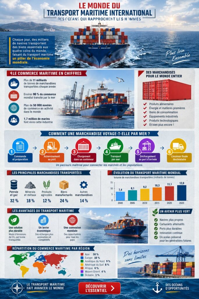 Infographie sur l'expédition internationale avec des illustrations et des conseils pratiques.