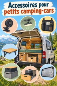 Accessoires pratiques pour mini camper box, incluant solutions de rangement et équipement de confort.