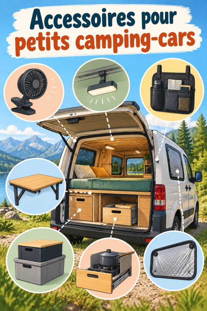 Accessoires pratiques pour mini camper box, incluant solutions de rangement et équipement de confort.