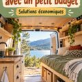 Un intérieur cosy de van aménagé avec un petit budget, montrant des solutions de rangement pratiques.