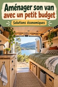 Un intérieur cosy de van aménagé avec un petit budget, montrant des solutions de rangement pratiques.