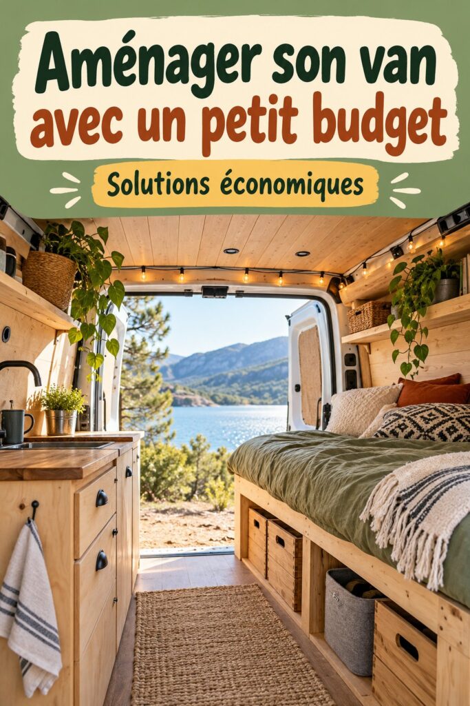 Un intérieur cosy de van aménagé avec un petit budget, montrant des solutions de rangement pratiques.