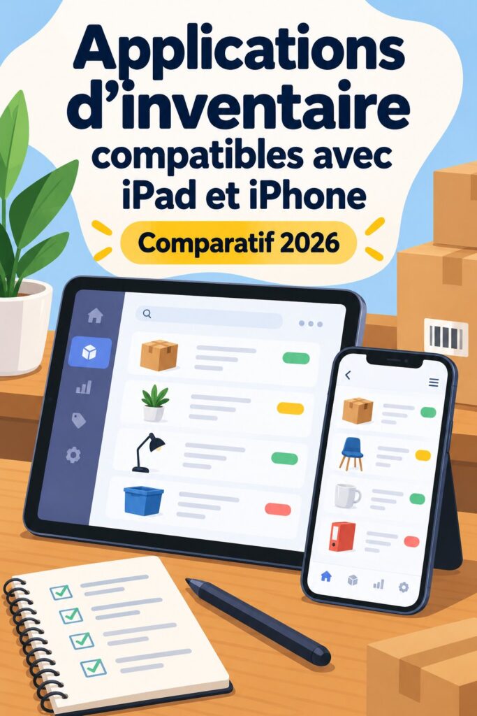 Capture d'écran d'une application d'inventaire sur iPad avec une interface utilisateurs claire et intuitive.