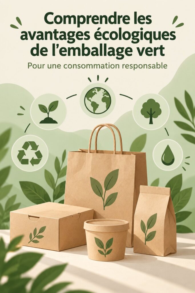 Emballages écologiques en différentes matières, soulignant leur aspect naturel et durable