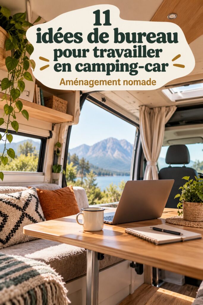 Bureau aménagé dans un van avec un cadre agréable et une décoration chaleureuse.