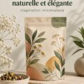 Un packaging élégant de tisane naturelle avec des éléments de design moderne.