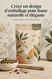 Un packaging élégant de tisane naturelle avec des éléments de design moderne.
