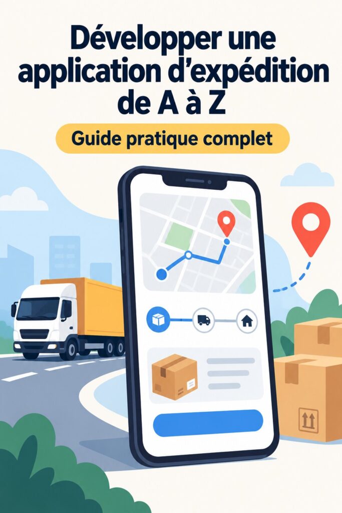 Illustration d'une application d'expédition sur un smartphone, montrant une interface utilisateur conviviale.